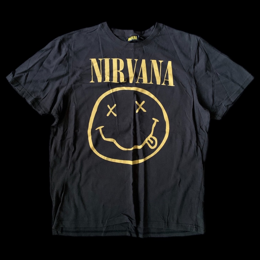 NIRVANA Black T-Shirt with Gold Smiley Logo